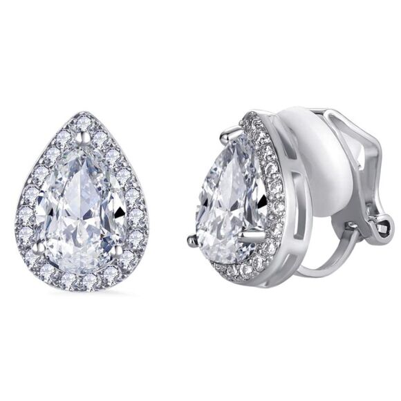 Silver with White Diamond Cubic Zirconia Teardrop Stud Clip On Earrings - Picture 1 of 5